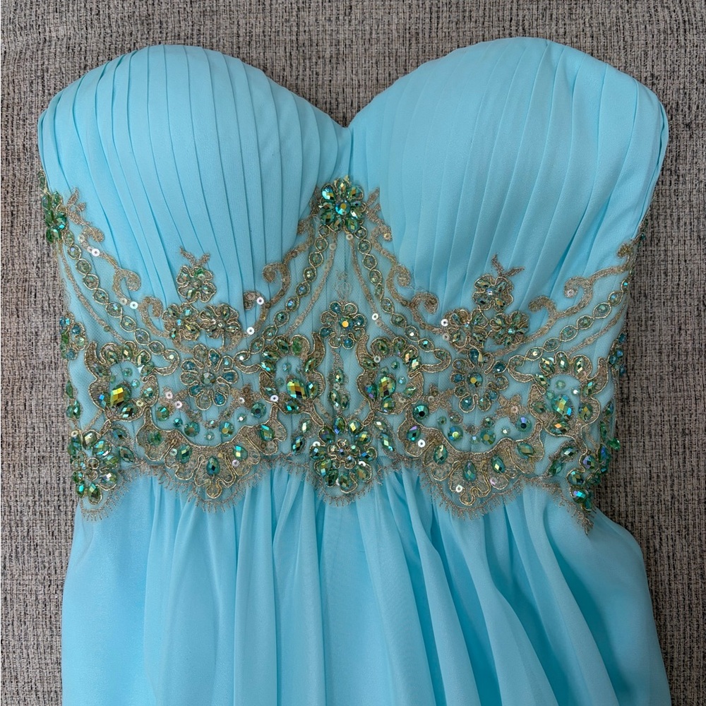 Aqua Blue Gold Beaded Strapless Formal Dress, Size 0